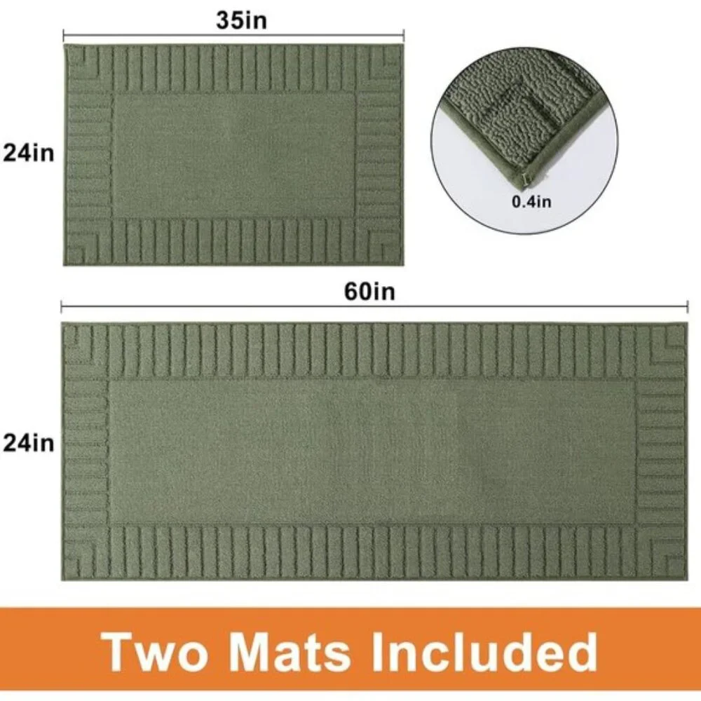 New 2Pcs Green Kitchen Rug Set, Non Slip Washable Mats with TPR Backing, 24x60In